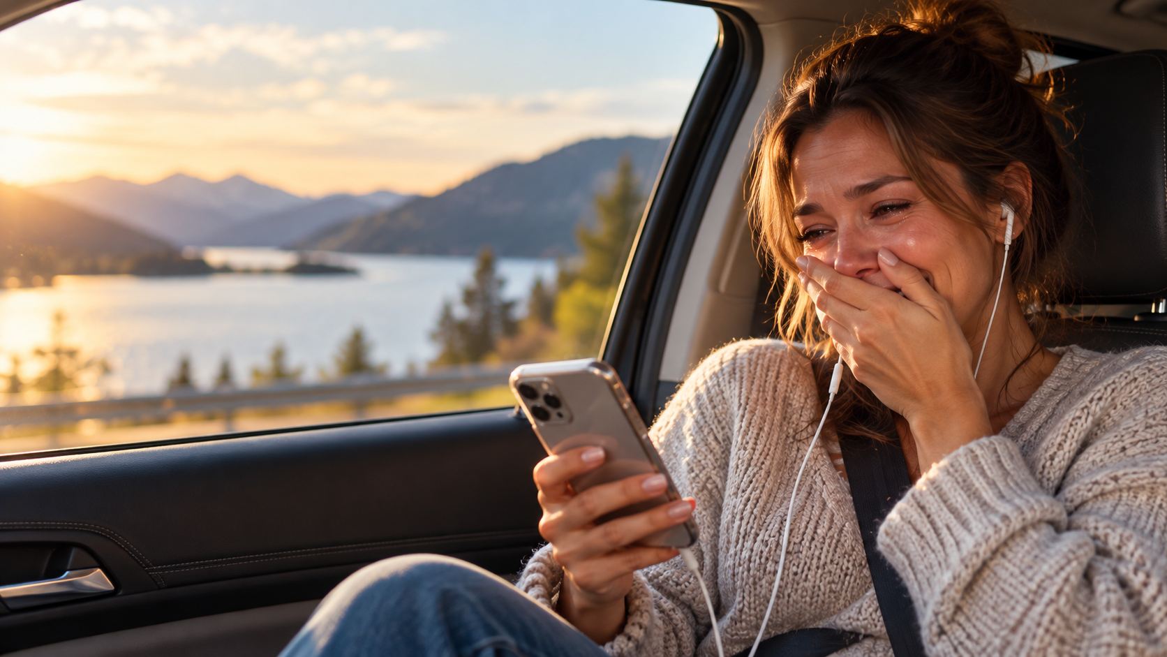 A woman in a car covering her mouth with happy tears as she listens to a song on her phone