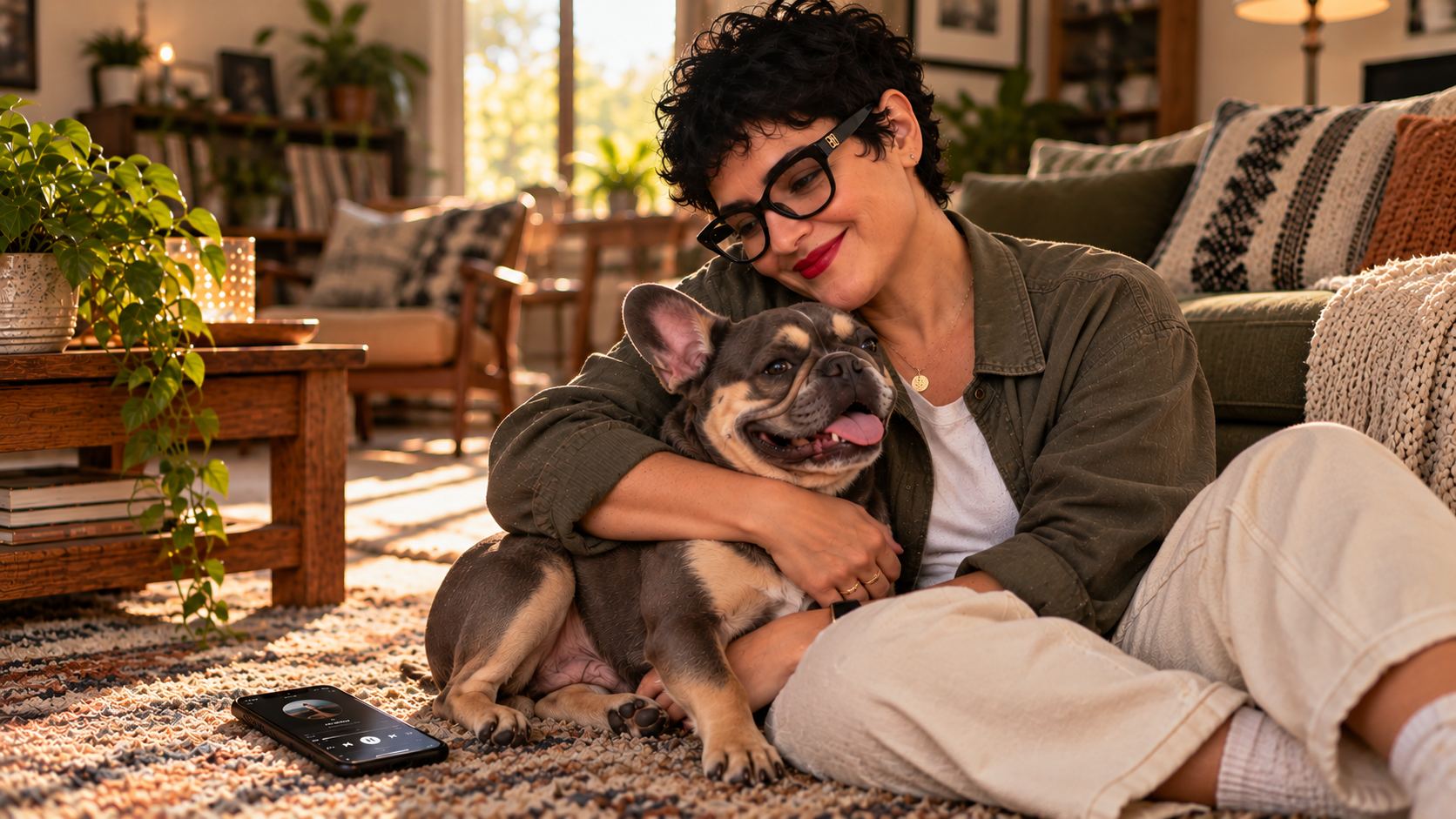 A woman hugging her French bulldog on a living room rug while a song plays on her phone