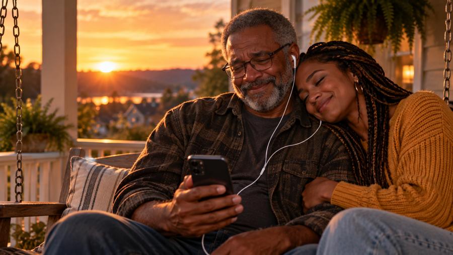 Father and daughter on a porch swing at sunset sharing earbuds